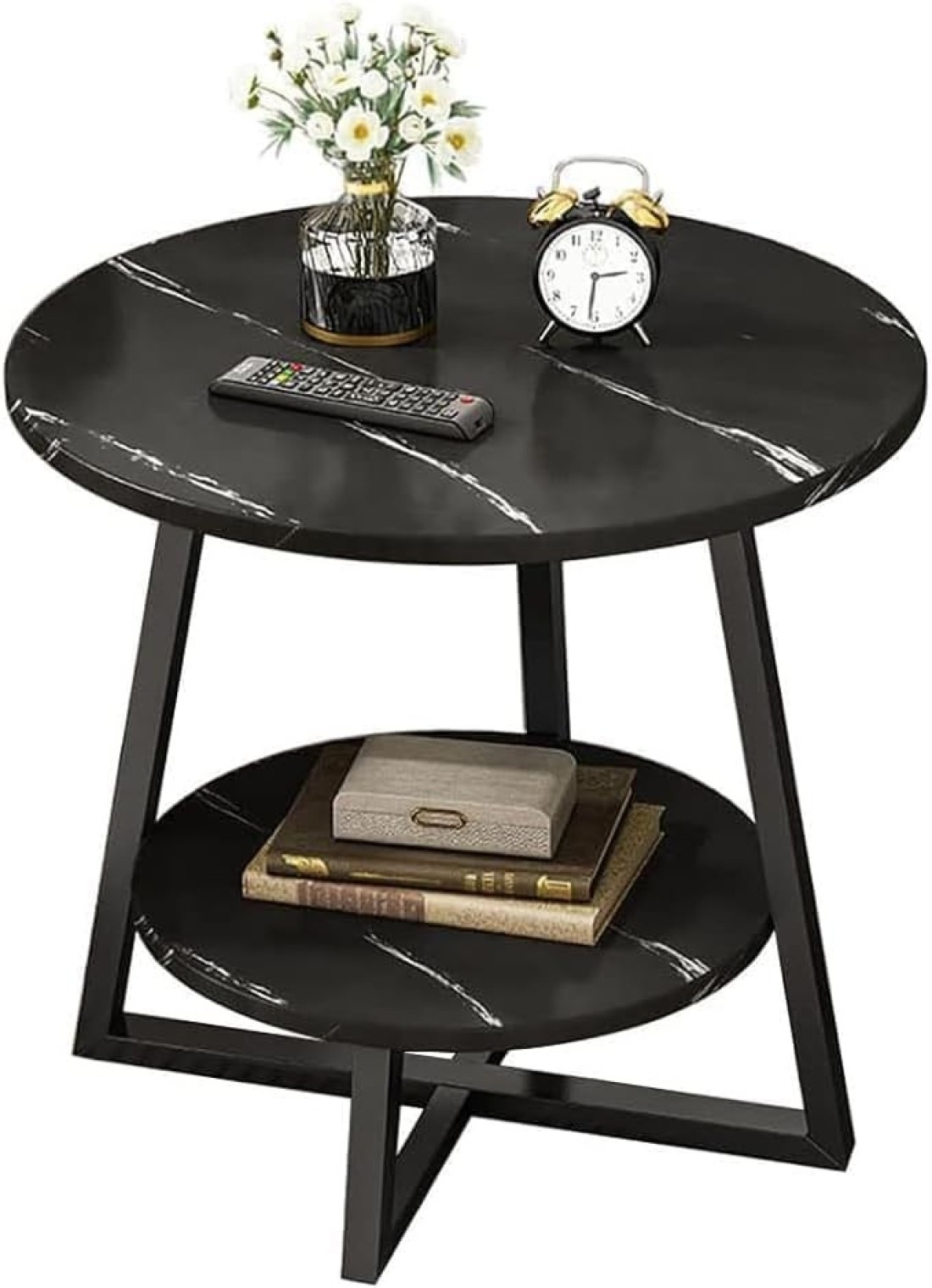 Vital 2-Layer Round Coffee Table,End Tables for Living Room, Side Tables, Sturdy and Easy Assembly,Double-deck Round Wood Look Accent Furniture with Wood Frame (BLACK)