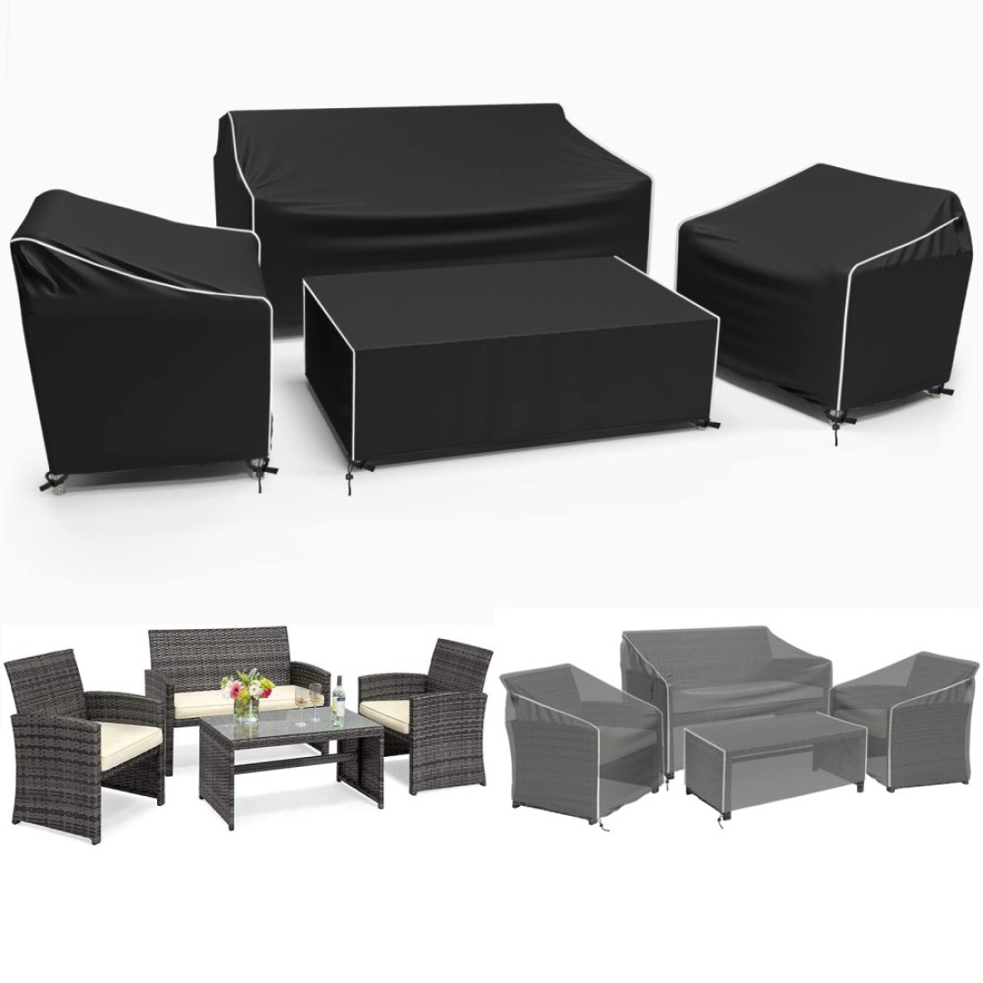Gasadar Outdoor Furniture Cover Waterproof, 4 Piece Patio Furniture Covers for Patio Loveseat, Chair and Coffee Table, Heavy Duty 600D, Black