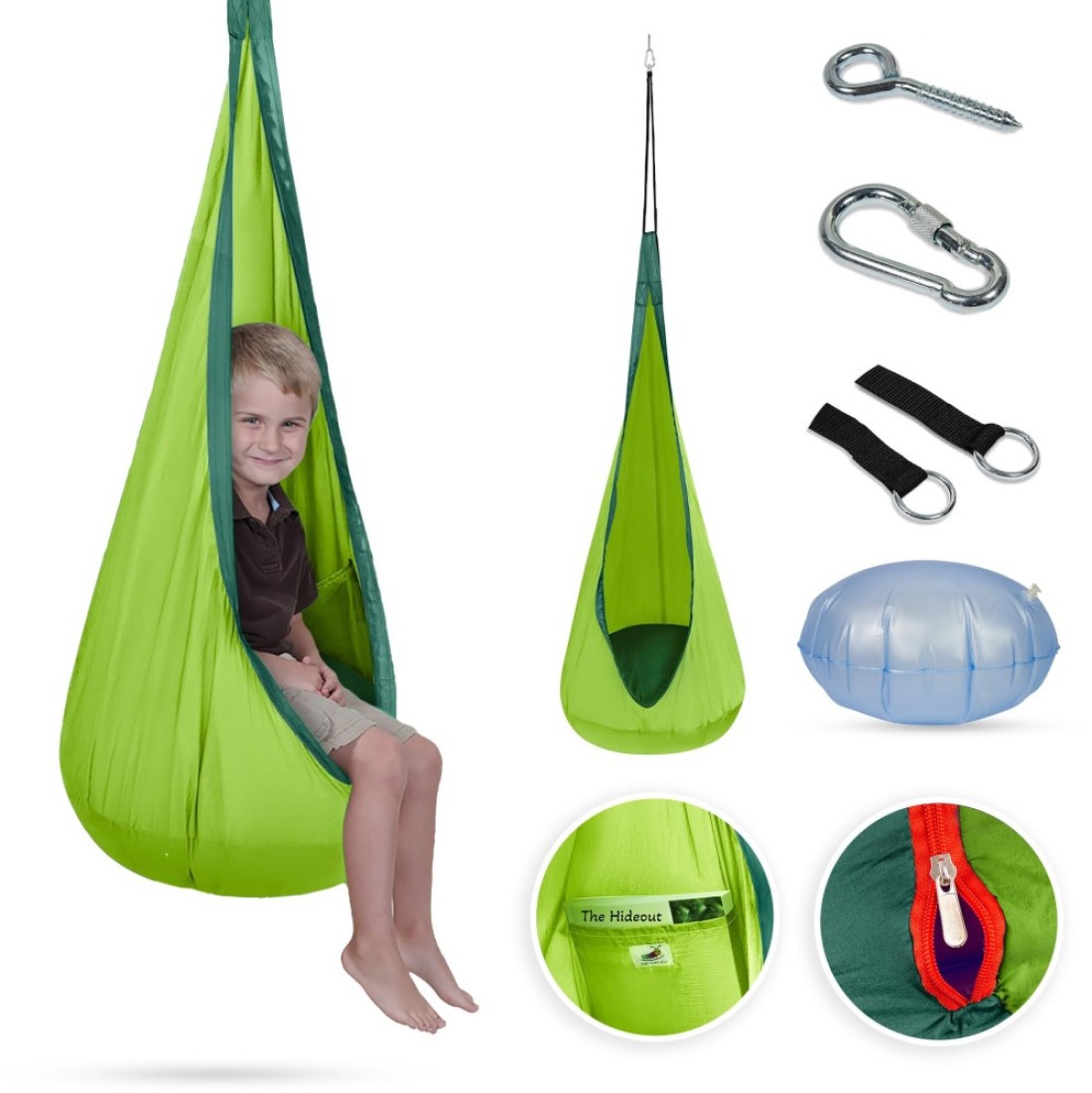 Appomattox Kids Hammock Chair Swing Seat Pod for Sensory Support Bedroom Gaming or Reading Personal Relaxation Nook with Snack Pocket Indoor or Outdoor Inflatable Cushion