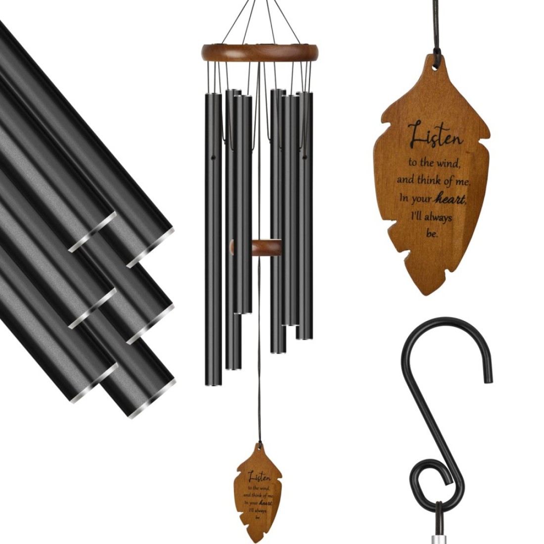 Kingtto Outdoors Wind Chimes Sympathy Memorial for Loss of Loved One - Soothing Melodic Tones. Bamboo and Aluminum Chime Great as a Gift for Your Patio Porch Garden and Backyard (34.6&quot; Black)