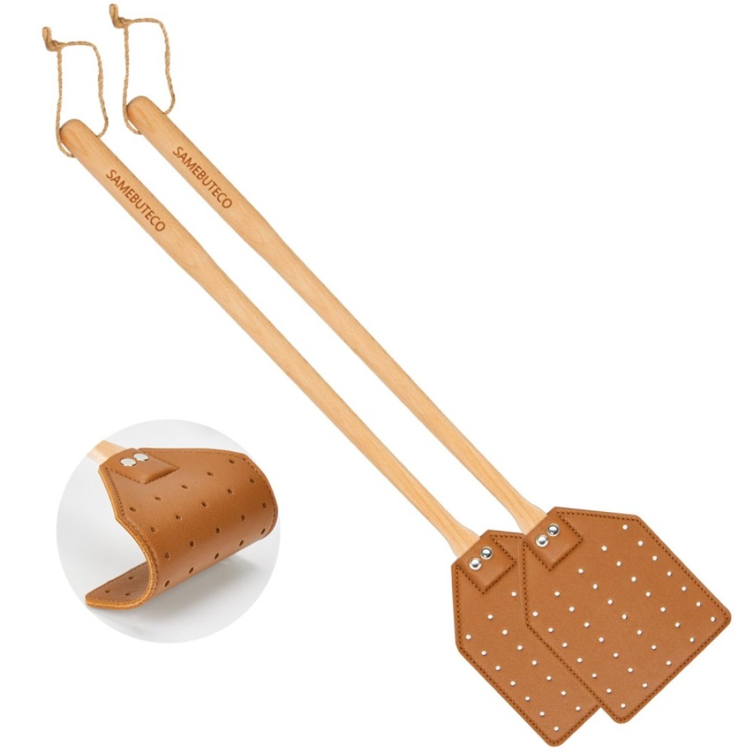 SAMEBUTECO Heavy-Duty Leather Fly Swatter with Bench Wood Handle - 19.7&quot; Length, Ideal for Effective Insect Control (2-Pack, Brown)