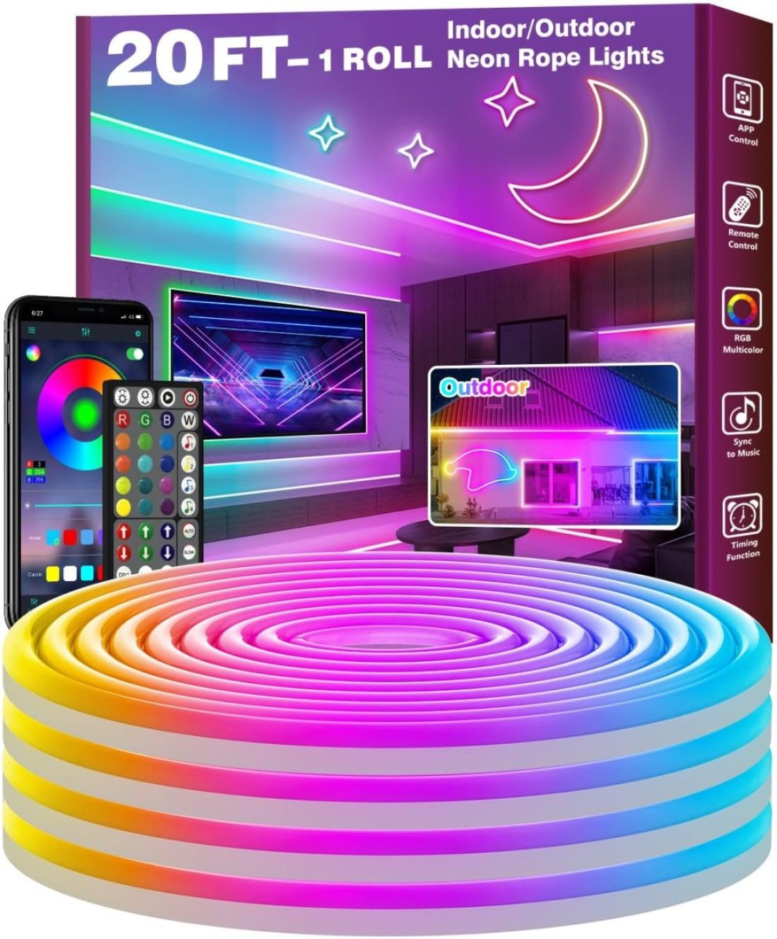 20Ft Neon Rope Lights,Flexible Led Rope Lights Control with App/Remote,Multiple Modes Rope Lights,IP65 Outdoor RGB Led Neon Lights Waterproof,Music Sync Gaming Led Neon Light Strip for Bedroom Decor