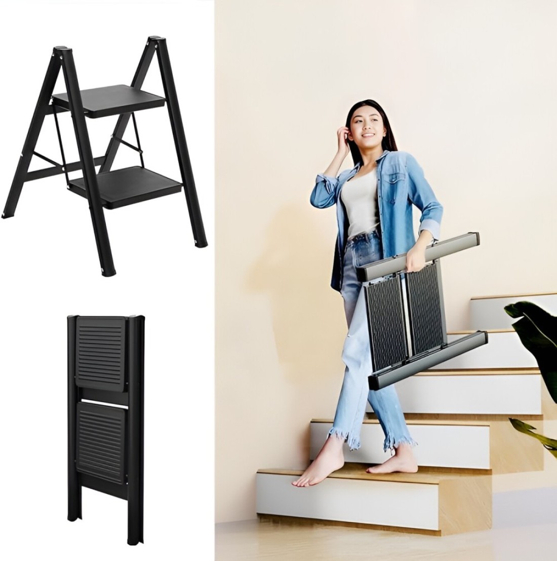 HEXAR&reg; Multipurpose Step Ladder Folding Ladder with Anti-Slip Pedal Folding Step Stool Portable Lightweight Foldable Stepladder for Home Kitchen Library Office 150 KG Capacity (2 STEPS)