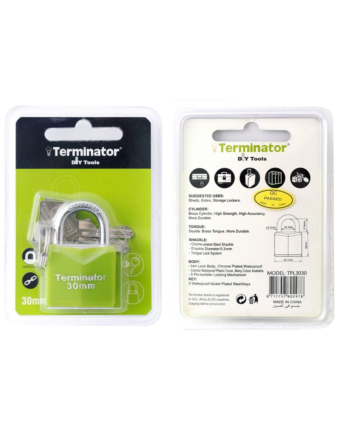 Terminator brand Pad Lock 30mm Green