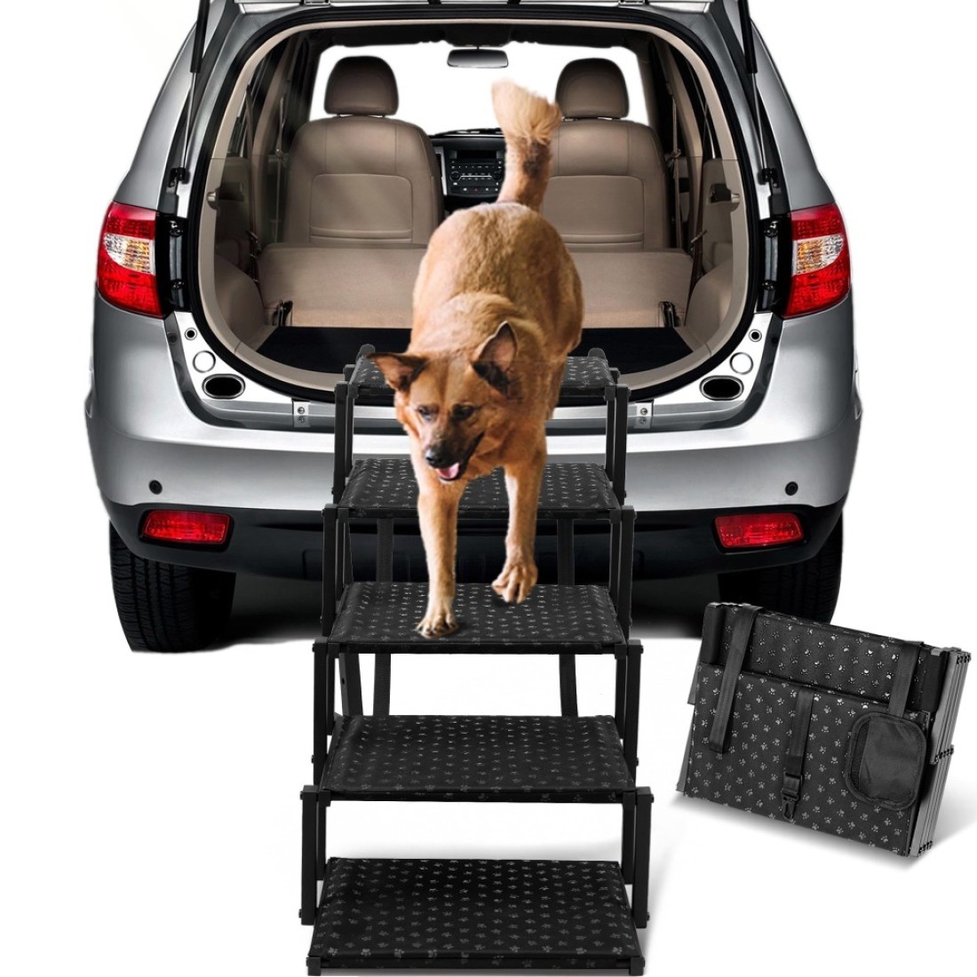 Heeyoo Dog Stairs for Car - Foldable Dog Ramps for Large Dogs with Non Slip Surface, Portable Dog Steps for Cars and SUV, Truck, Support Up to 200 Lbs