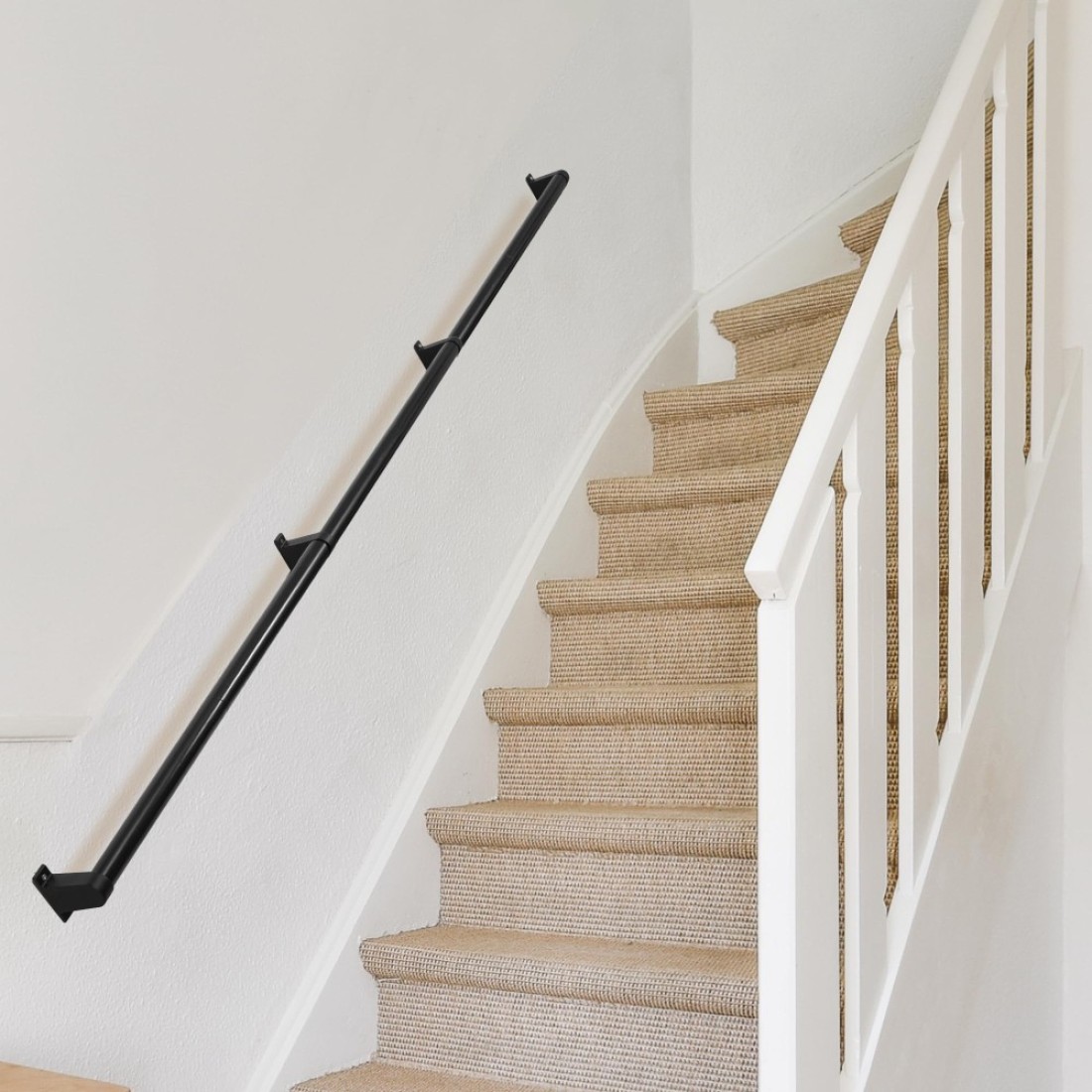 Thsgrt Pipe Hand Rails for Indoor Stairs Metal Stair Railing 1.5&quot; Staircase Handrail for Outdoor and Indoor Stairs 440LBS Load Capacity Handrails for Stairs Aluminum Railing Kit (10 Feet, Black)
