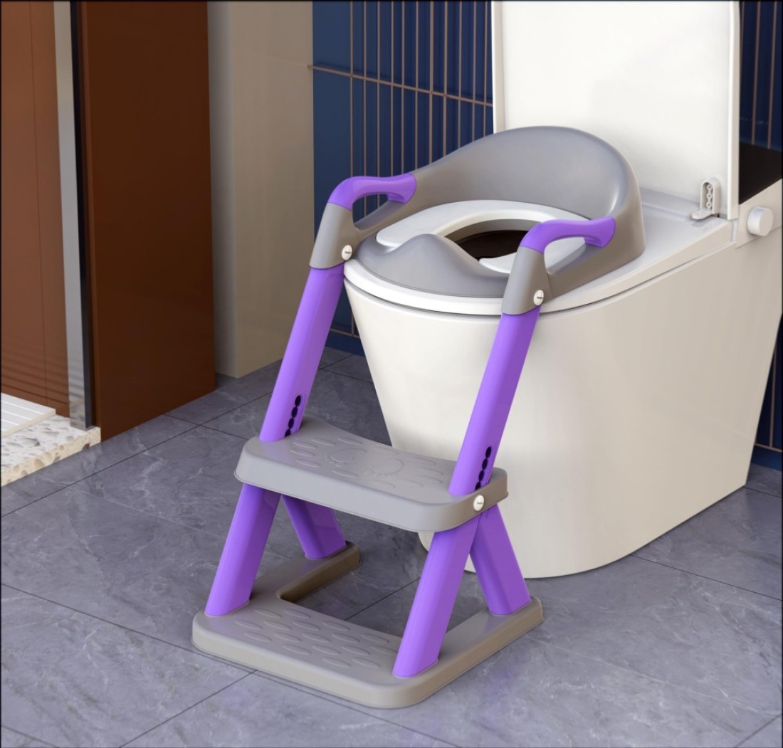 SKYROKU 8868 Potty Training Seat with Step Stool - Adjustable Height, Non-Slip, Splash-Proof, Foldable 2-in-1 Toddler Potty Seat with Armrests and Replaceable Cushion - Fits Most Toilets (Purple)