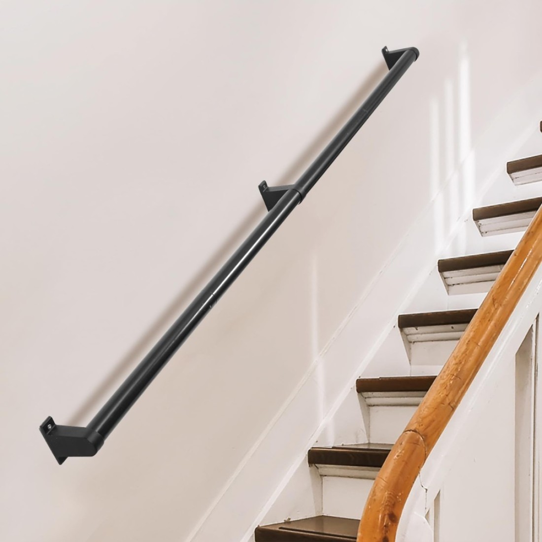 Thsgrt Pipe Hand Rails for Indoor Stairs Metal Stair Railing 1.5&quot; Staircase Handrail for Outdoor and Indoor Stairs 440LBS Load Capacity Handrails for Stairs Aluminum Railing Kit (8 Feet, Black)