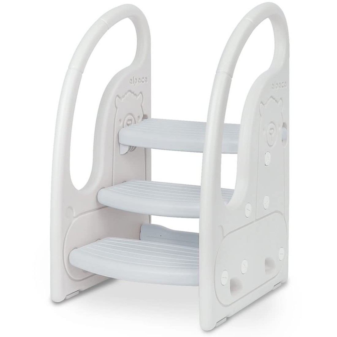 Toddler 3 Step Stool Onasti Kids Standing Tower for Toddlers Plastic Learning Helper Stool for Kitchen Counter Bathroom Sink Toilet Potty Training with Handles and Non-Slip Pads-Grey White
