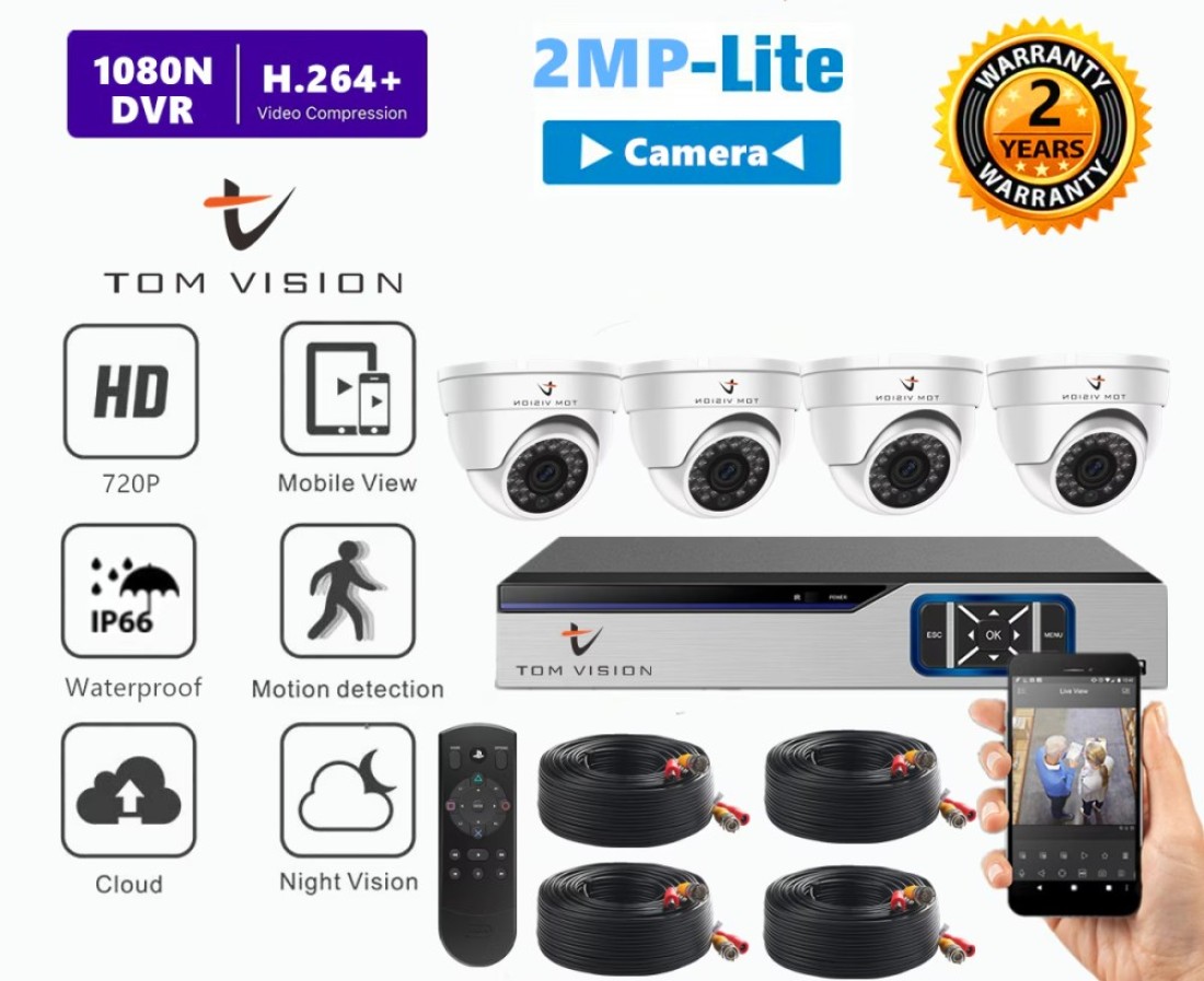 Tomvision - 4Channel AHD Camera KIT 2Megapixels/720P CCTV Security Recording System Kit 4Pcs Indoor Dome Camera and P2P Cloud Alarm System Home Security (4Channel(No HDD), 4Indoor)