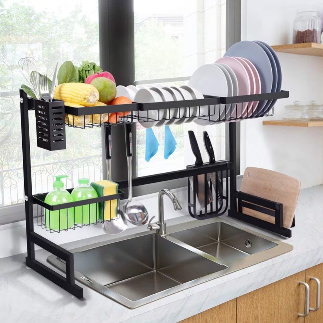 Generic Over The Sink Dish Drying Rack, Drain Shelf Kitchen Organizer Utensils Holder Stainless Steel Space Saver (Sink Size &amp;#X2264, 32 Inch, Black)