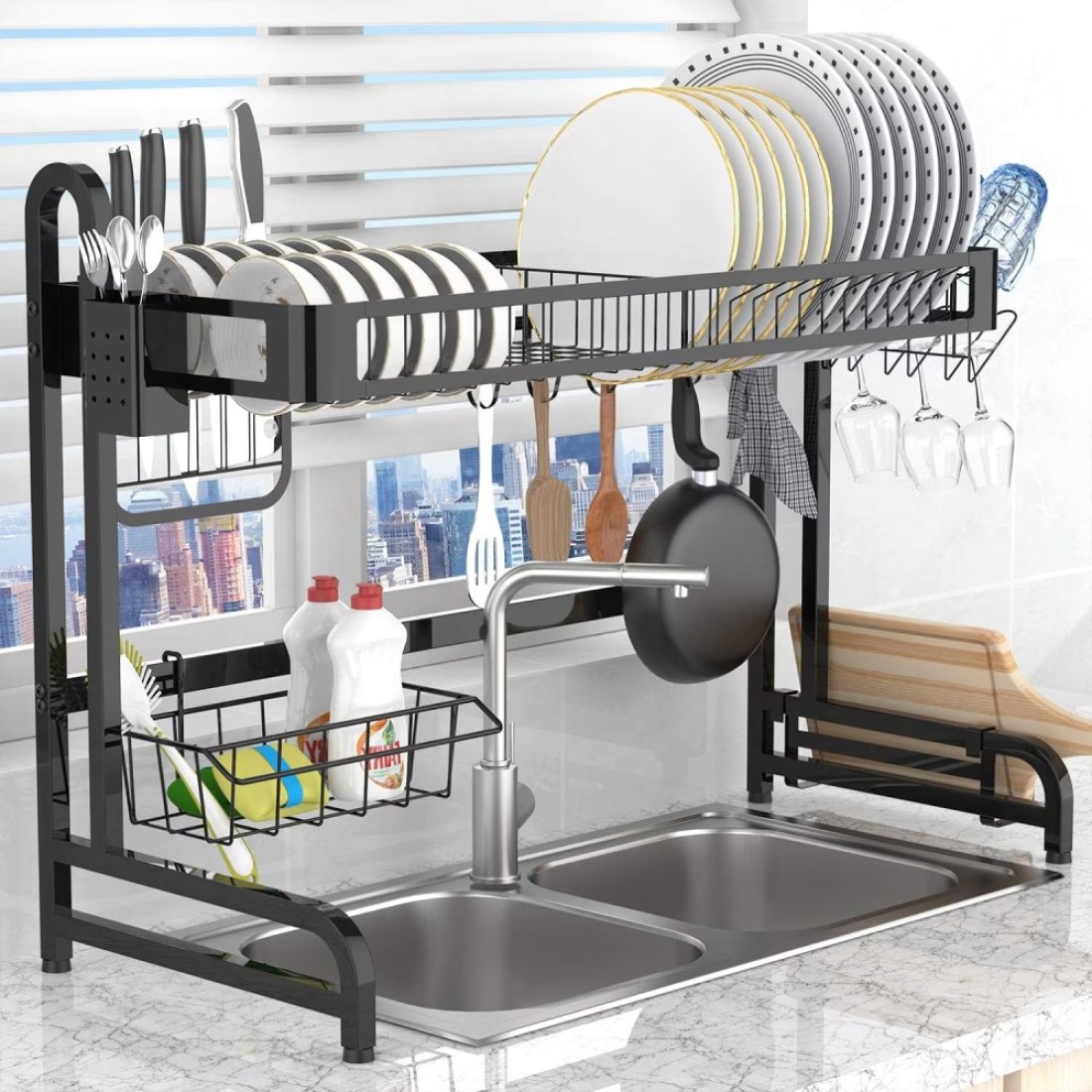 MZH Qryy Dish Drying Rack Over The Sink, Leaderpro Premium 304 Stainless Steel Dish Drainer Shelf, Kitchen Supplies, Countertop Space Saver Display Stand Tableware Organizer Utensils Holder, Black