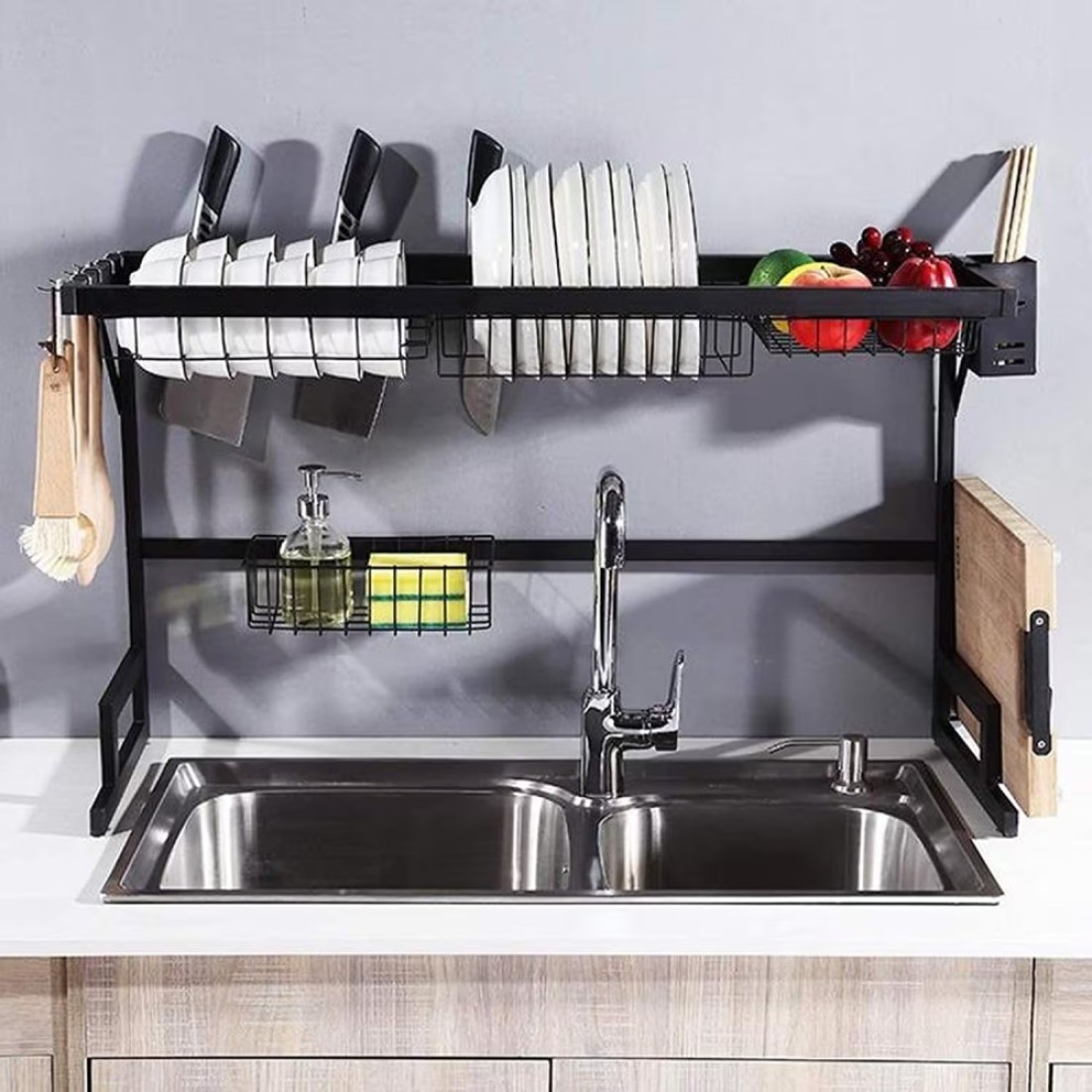 Generic Dish Drying Rack Over Sink Display Stand Drainer Stainless Steel Kitchen Supplies Storage Shelf Utensils Holder (Black)