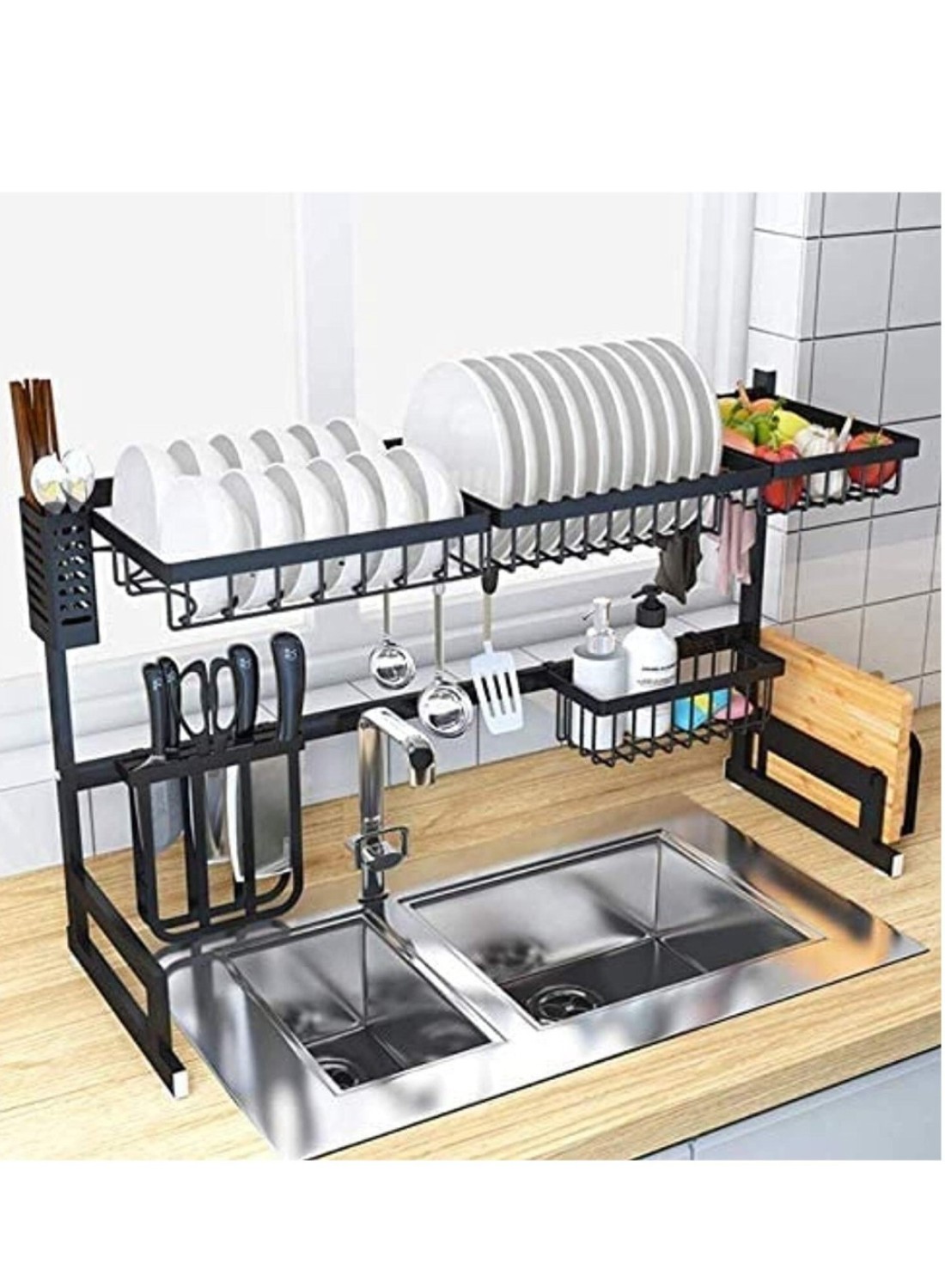Radiotronics Over Sink Dish Drying Rack Kitchen Counter Storage Shelf Drainer Organizer Utensils Holder Stainless Steel, Black