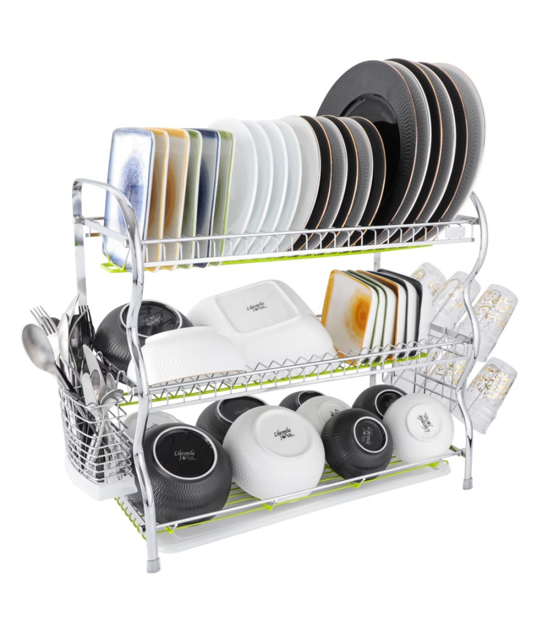 Life Smile Stainless Steel Dish Rack - 3 Tier with Utensils and Glass Holder Long Lasting and Durable