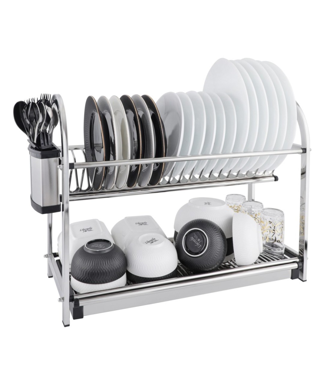 LIFE SMILE Dish Rack - 2 Tier Countertop Dish Drying Stand With Removable Drip Tray - 18/10 Stainless Steel with Removable Utensil Holder - Anti Slip and Rust Proof Dish Drainer