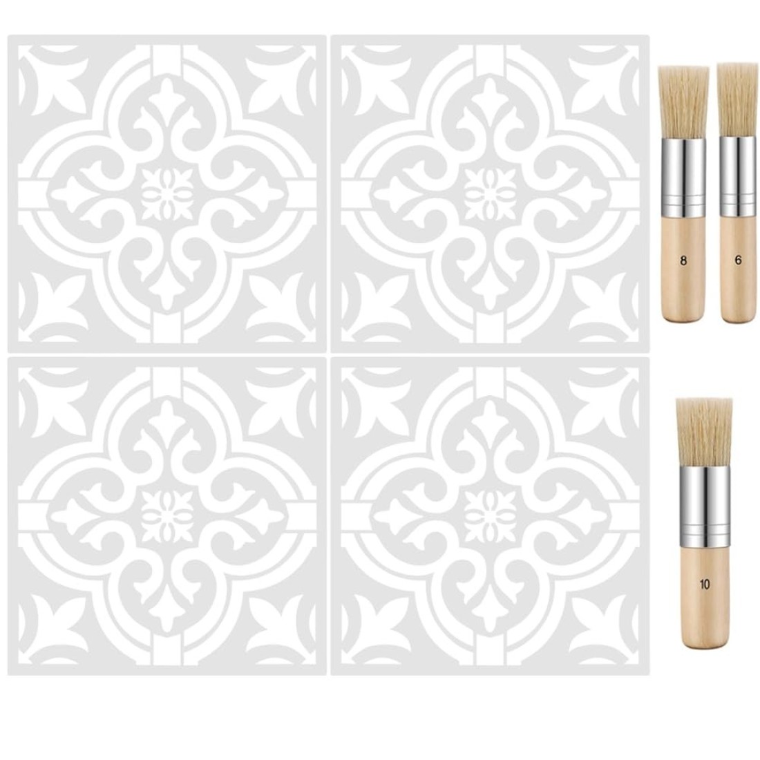 Set of 7, Tile Stencil and Wooden Stencil Brush, findTop Mandala Style Wall Templates Tile Pattern Painting Stencil (12 x 12 Inch) with Bristle Brushes