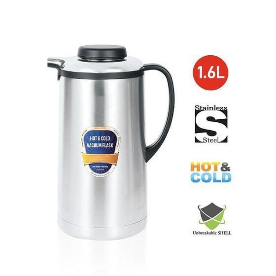 Sprintee Stainless Steel Vacuum Flask 1.6L, Double-Wall Insulated Thermos for Hot and Cold Beverages, Leak-Proof and Durable Travel Flask