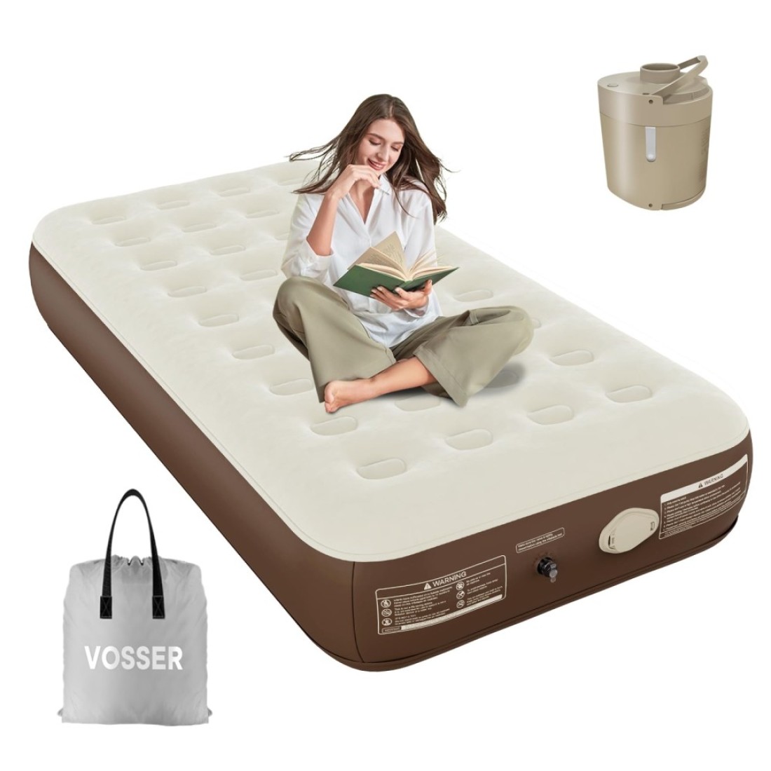 VOSSER Twin Air Mattress with Built in Pump Inflatable Mattress with Flocked TopFast Easy Blow Up Mattress with Storage Bag Luxury Rest Airbed for Home Camping Guests