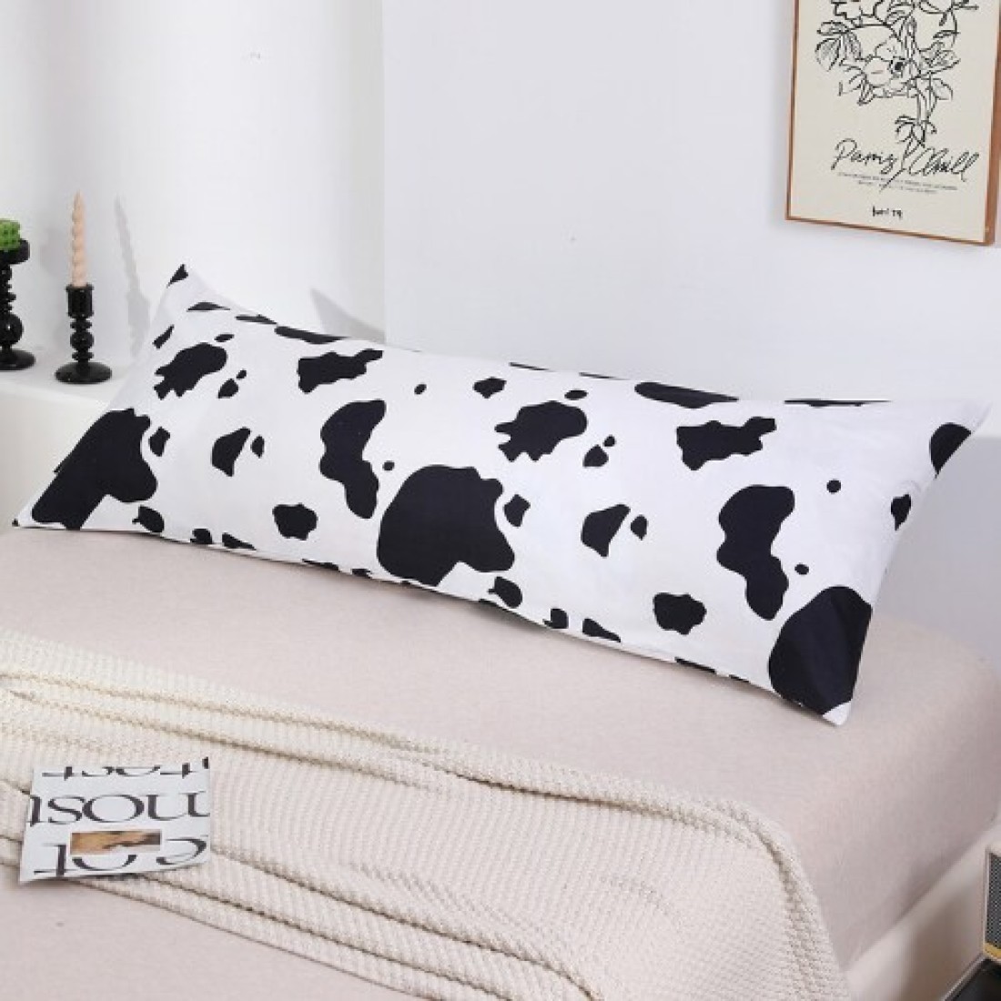 LUNA HOME 1 Piece Long Body Pillow Case, Cow Moo Moo Design. Black and White.