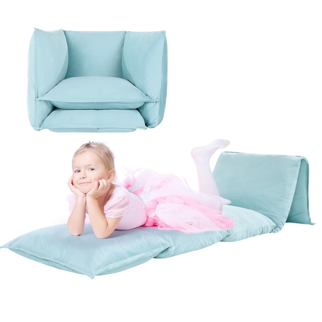 MABOZOO 2 in 1 Pillow Bed Floor Lounger Cover, Foldable Velvet Floor Pillow Case for Boys Girls Kids, Fold Out Kids Sofa Couch Lounger Chair Bed Cover Only (Queen, Pillows Not Included)