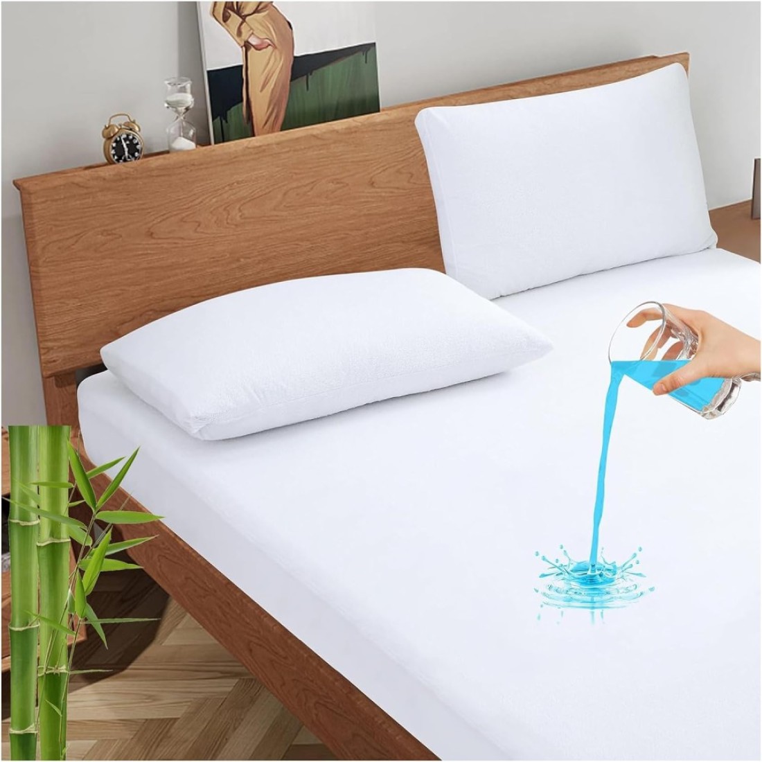 Waterproof Mattress Protector Double 150x200cm Bamboo fiber Cotton Jersey+TPU Pad Cover for Pets Kids Adults Deep Pocket Style 100% Waterproof Mattress Protector Double Size White