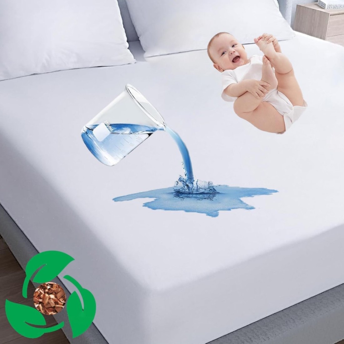 Tencel Waterproof Mattress Protector Double Bed Size 150x200cm High Absorption Tencel+TPU Pad Cover for Pets Kids Adults Deep Pocket Style 100% Waterproof Tencel Jersey Mattress Protector Double White