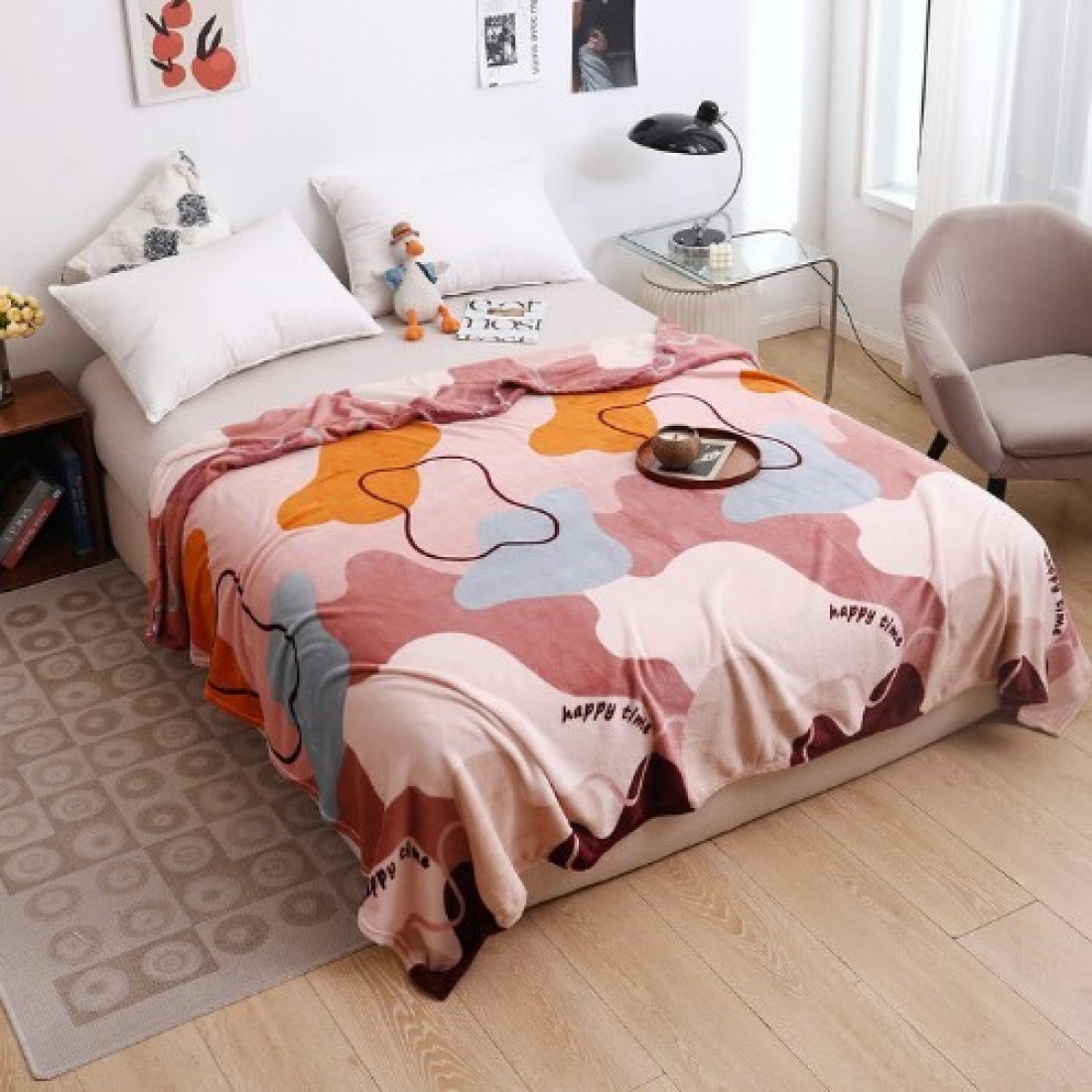 LUNA HOME Fleece Blanket 200*230cm Super Soft Throw Geometric Design, Old Rose Color.