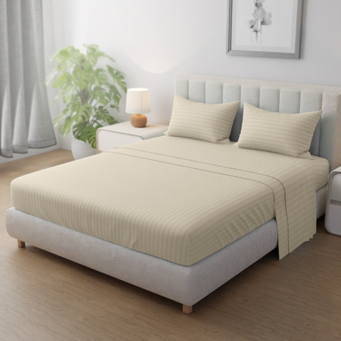 Klub Linen 3PC Striped Fitted Sheet Set, Ultra Soft Microfiber Bedding Set - 1 Fitted Sheet Single (90x190cm) with Deep Pocket and 2 Pillowcases (50 x 75 cm), Beige
