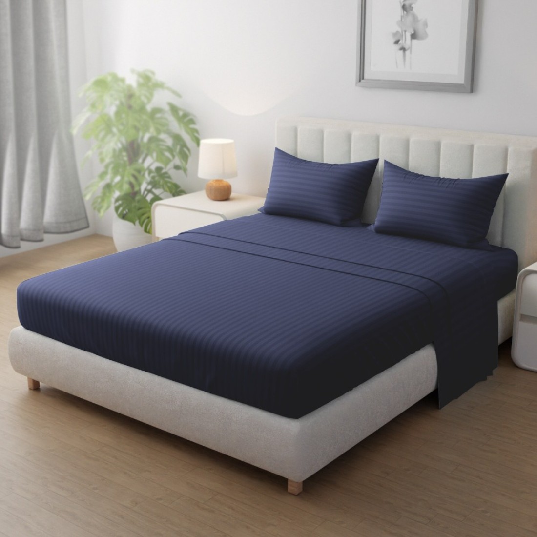 Klub Linen 3PC Striped Fitted Sheet Set, Ultra Soft Microfiber Bedding Set - 1 Fitted Sheet Queen (150x200cm) with Deep Pocket and 2 Pillowcases (50 x 75 cm), Navy