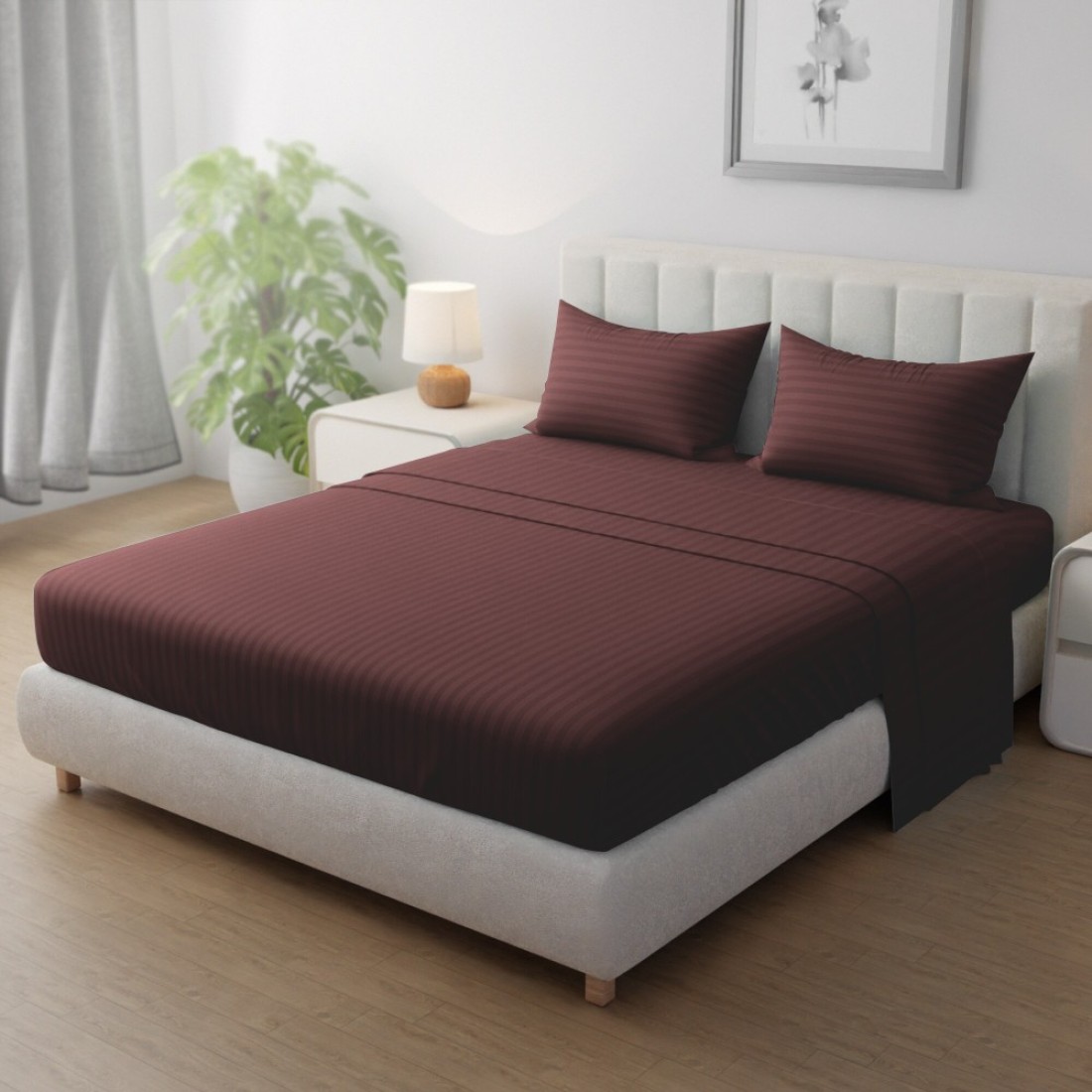 Klub Linen 3PC Striped Fitted Sheet Set, Ultra Soft Microfiber Bedding Set - 1 Fitted Sheet King (180x200cm) with Deep Pocket and 2 Pillowcases (50 x 75 cm), Chocolate