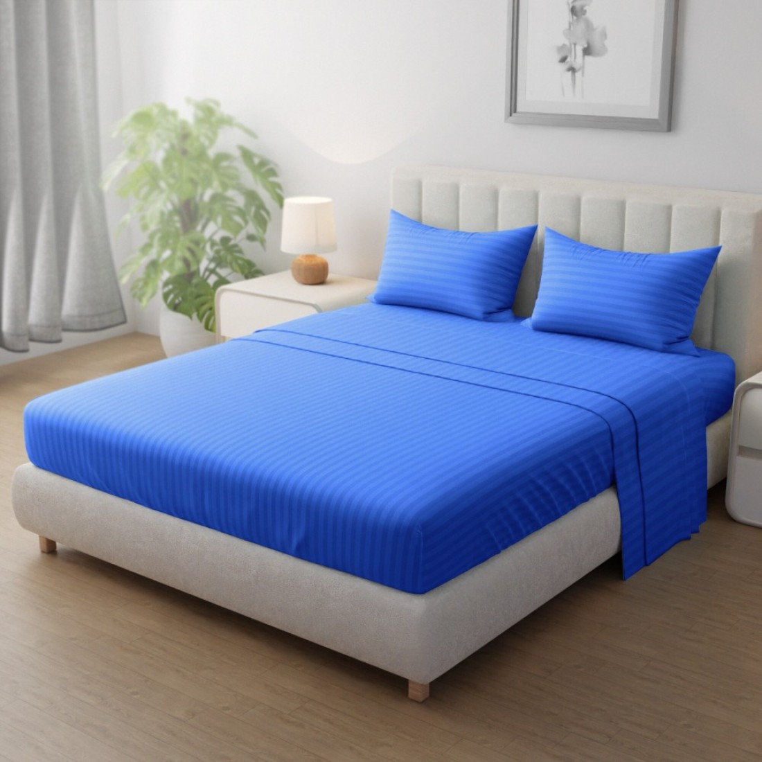Klub Linen 3PC Striped Fitted Sheet Set, Ultra Soft Microfiber Bedding Set - 1 Fitted Sheet Single (90x190cm) with Deep Pocket and 2 Pillowcases (50 x 75 cm), Royal Blue