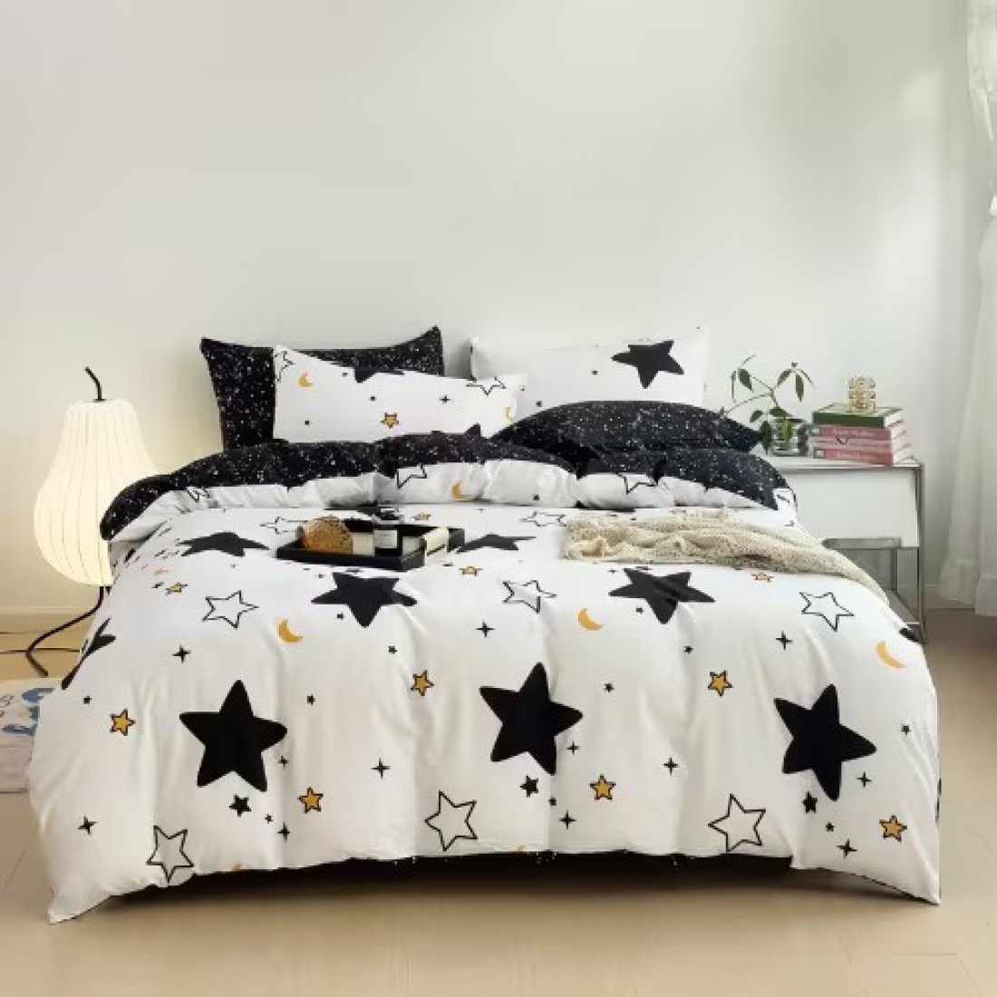 Single Size 4 Pieces Set, Reversible Duvet Cover Set, Blue Stars Design With Navy Blue Bedsheet Color