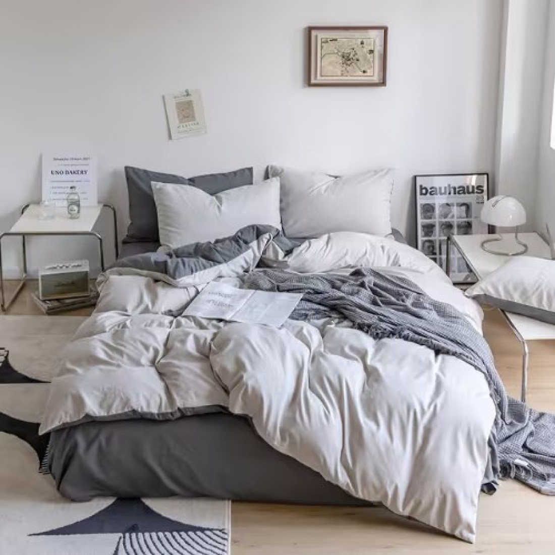 LUNA HOME Premium Korean Single size 4 Pieces Constructor Design with 2 Attractive Pillow Covers, Plain Dark Grey Bedsheet and Plain Grey Duvet Cover without filler.
