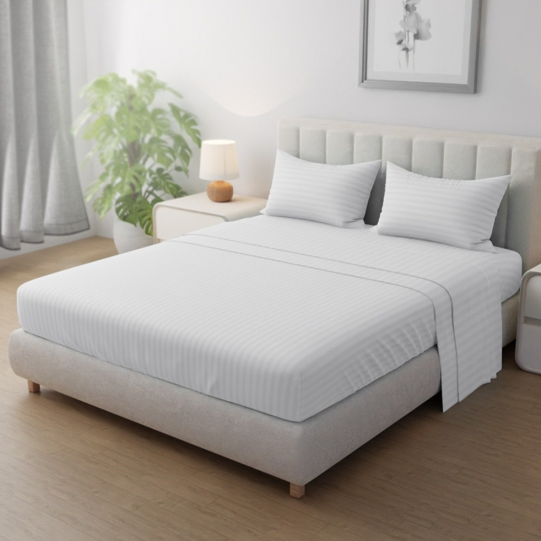 Klub Linen 3PC Striped Fitted Sheet Set, Ultra Soft Microfiber Bedding Set - 1 Fitted Sheet Single (90x190cm) with Deep Pocket and 2 Pillowcases (50 x 75 cm), White