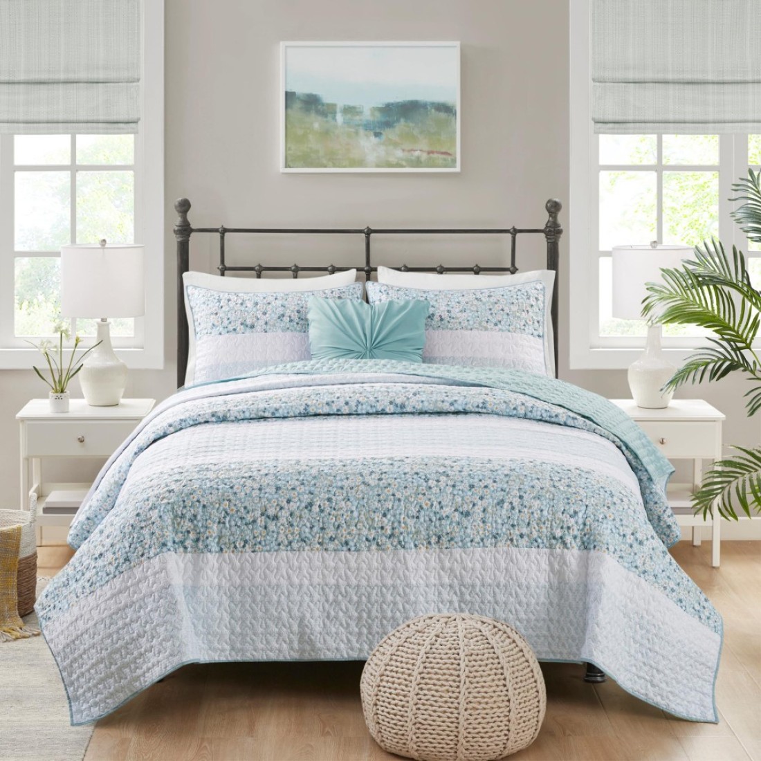 Madison Park Queen Quilt Set Seersucker Floral Coverlet All Season Lightweight Microfiber Bedding Quilt Set Vermicelli Quilting Design Throw Pillow Caralie FullQueen Aqua 4 Piece