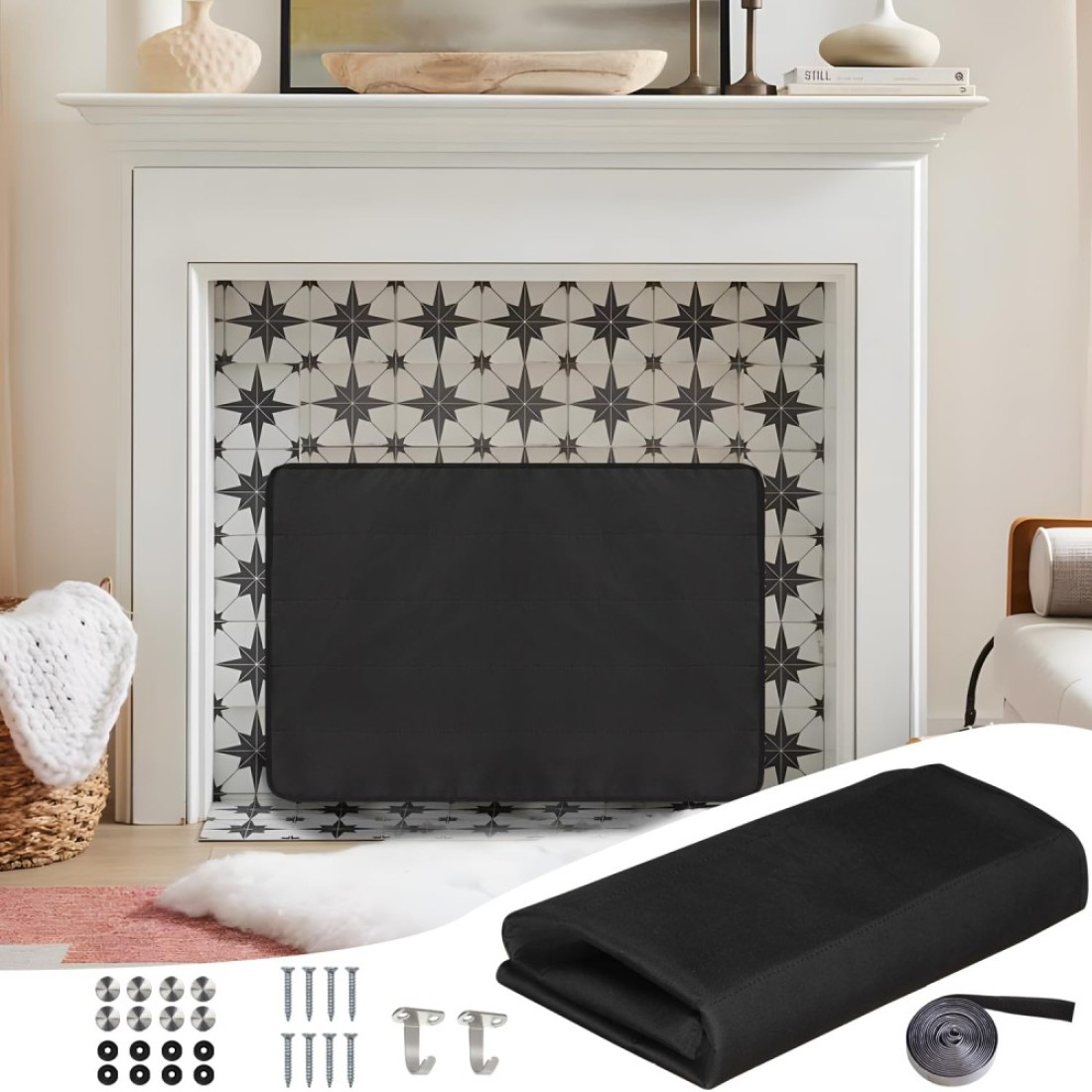 UCEDER Magnetic Fireplace Cover, 600D Heavy Duty Oxford Fireplace Draft Stopper with Hook &amp; Magic Tape Installation ,Indoor Fireplace Cold Air Blocker Blanket for Iron Fireplace Frame (39&quot;x32&quot;)