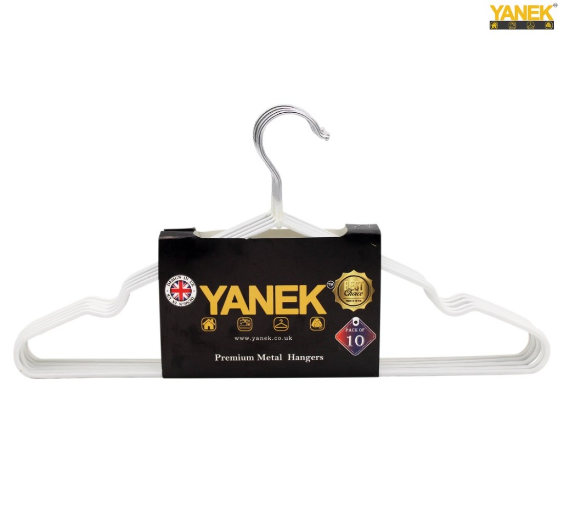 10PK YANEK Metal Hangers For Shirt, Coat, Trousers Strong, Anti Slip &amp; Space Saving Rubber Coated, 40 CM (White)