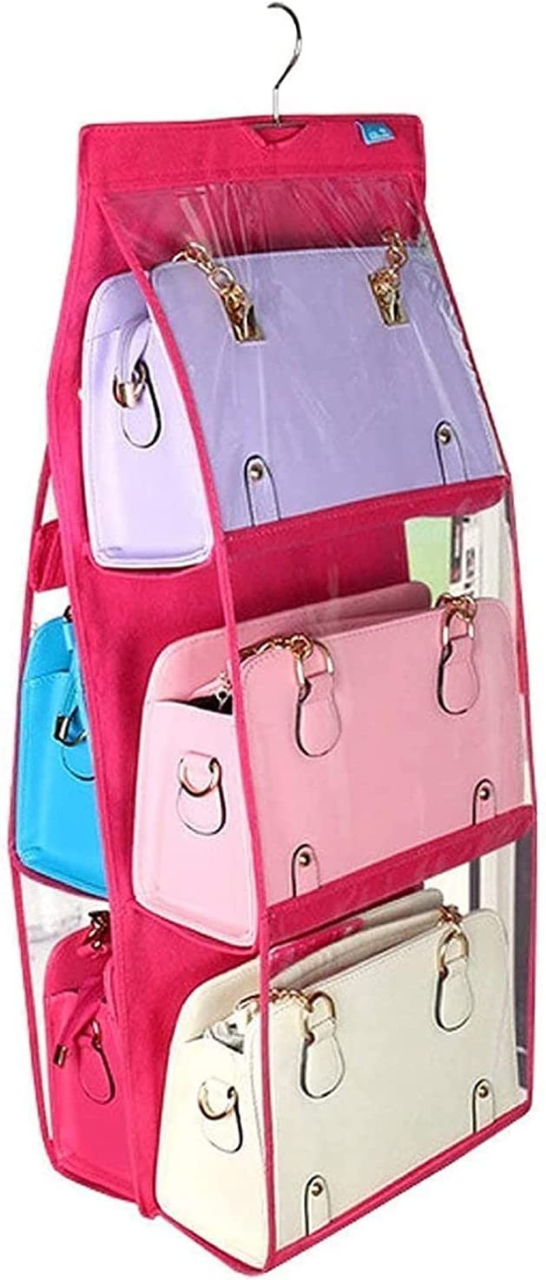 Blooming Time 6 Pockets Hanging Purse Handbag Organizer Clear Hanging Shelf Bag Collection Storage Holder Purse Bag Wardrobe Closet