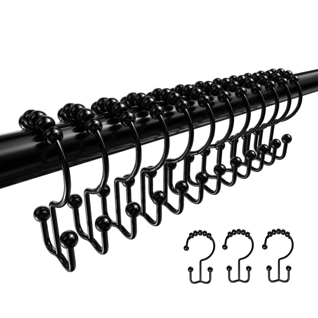 VMVN Shower Curtain Hooks Rings, Rust Resistant Shower Curtain Rings Metal Hook Double Glide Rollers, Shower Hooks for Bathroom Shower Curtain Rods,Set of 12