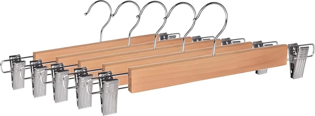 LAVISH Pants Hangers with 360&deg; Swivel Hook &ndash; 4 Pack Wooden Clothes Hangers with Metal Bar &amp; Adjustable Clips &ndash; Durable Natural Finish for Trousers, Skirts &amp; Jeans
