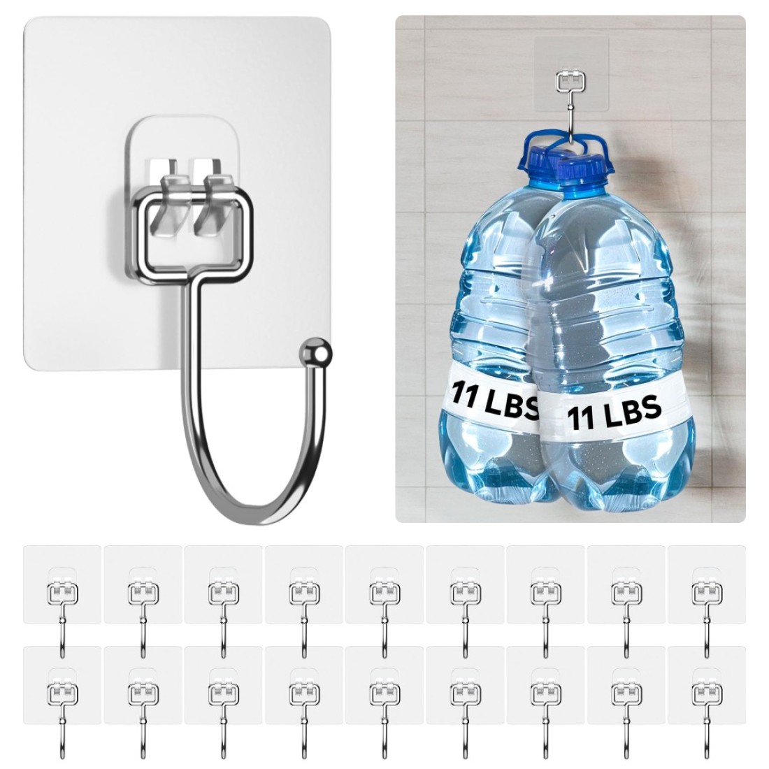 GLUIT Adhesive Large Wall Hooks for Hanging Heavy Duty 22 lbs Hooks for Walls No Damage, Towel Sticky Clear Hooks, Waterproof, Home, Bathroom, Kitchen, Office, and Outdoor, 18 Pack