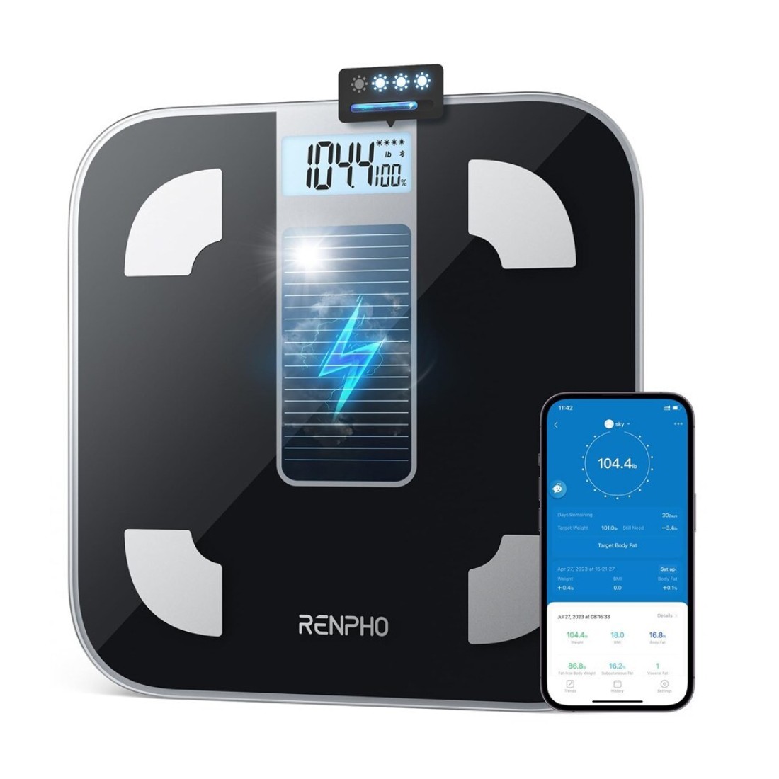 RENPHO Scale for Body Weight Battery-Free Solar Power Digital Bathroom Smart Scale - Black