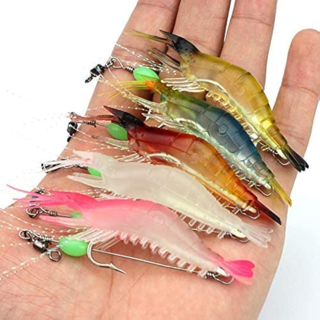 OriGlam 5pcs Soft Luminous Shrimp Lure Set 5 Colours Shrimp Bait Shrimp Lures Fishing Kit Fishing Bait with Hooks Beads Fishing Tackles for Freshwater Saltwater Bass Trout Catfish Salmon