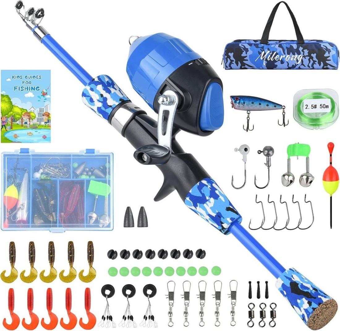 Milerong Kids Fishing Rod Kids Fishing Pole Portable Telescopic Fishing Rod and Reel Combo Kit for Boys Girls Youth with Spincast Fishing Reel Fishing Tackles Fishing Lures Fishing Lines