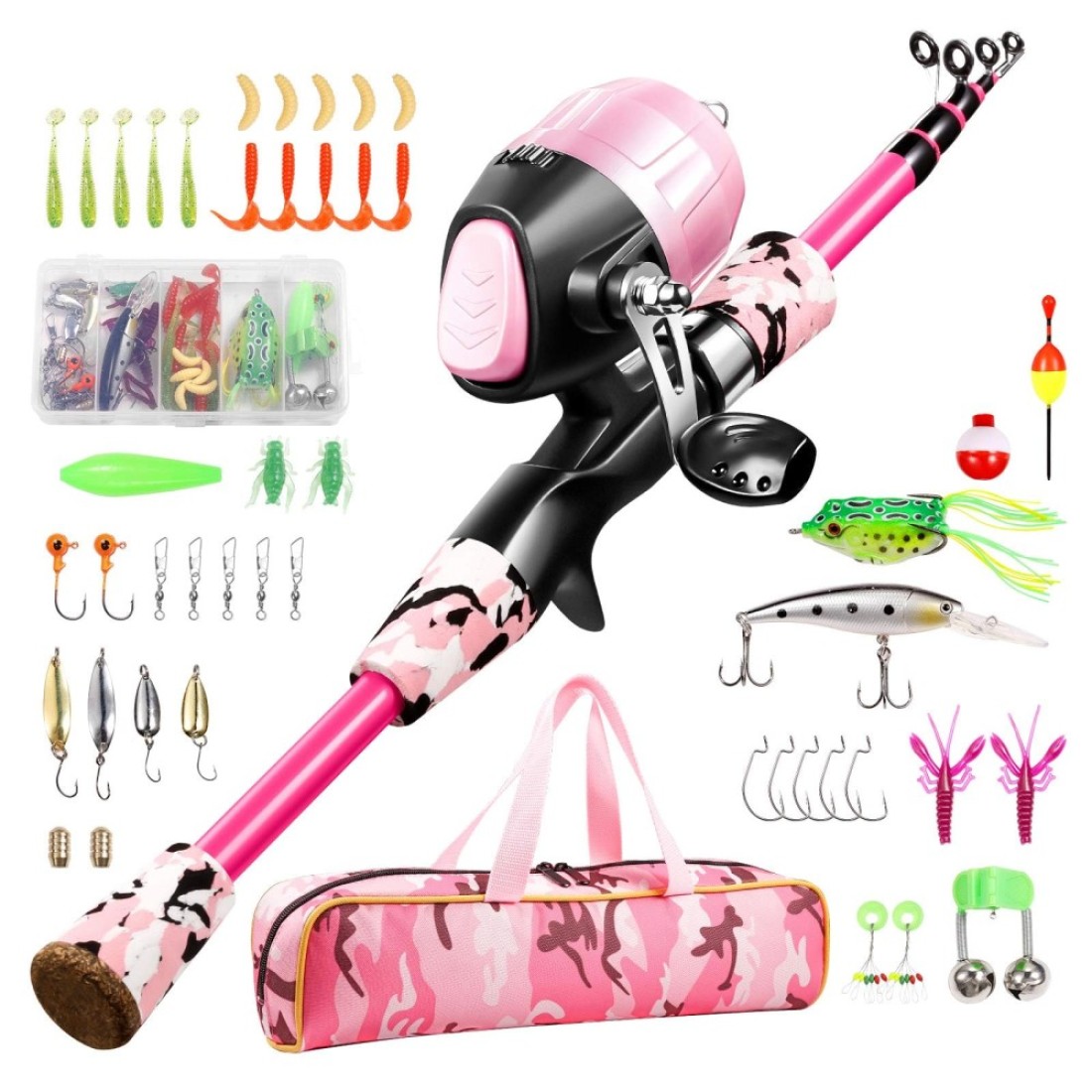 Gamashino Kids Fishing Pole Telescopic Fishing Rod and Reel Combo Kit Fishing Gear Fishing Lures Carry On Bag 70 Set Fully Fishing Equipment for Boys Girls Youth