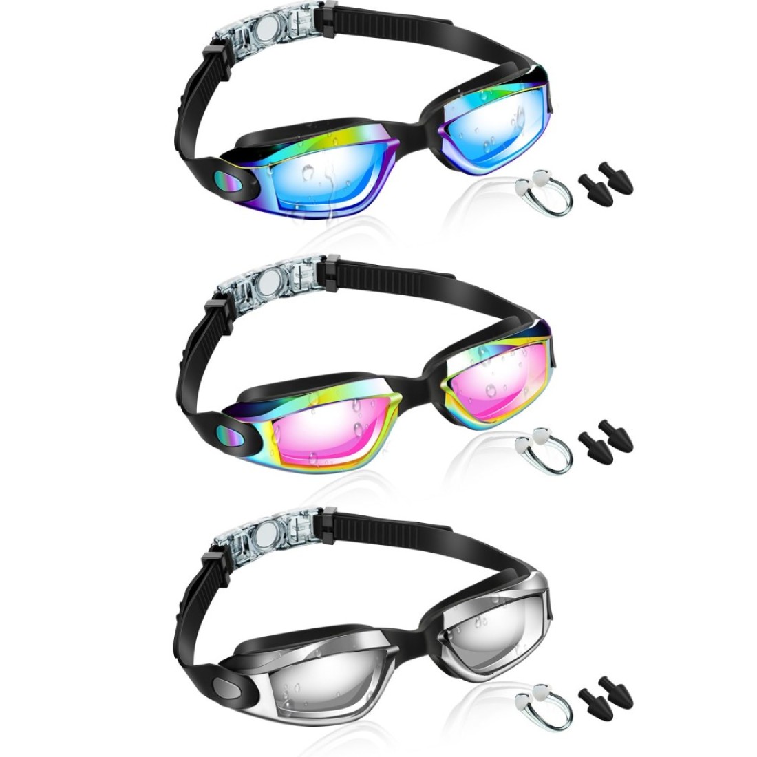 Flutesan 3 Pack Swimming Goggles No Leaking Silicone Anti Fog Swim Glasses with Nose Clip Ear Plugs Adult Kids Pool, 3 Colors(Stylish Color,6.3 x 1.8 Inches)