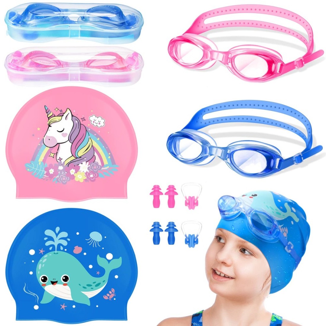 8 Pack Kids Swim Cap for Long/Short Hair, Unisex Silicone Swimming Cap for Age 2-14 with Goggles Ear Plug Nose Clip Bathing Swim Caps for Children Boys Girls (Unicorn, Whale)