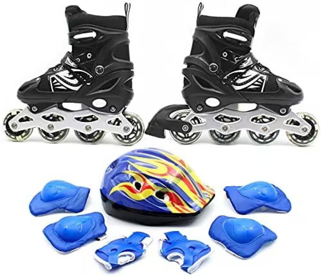 EASY FUTURE Inline Skates Adjustable Size Roller Skates with Flashing Wheels for Outdoor Indoor Children Skate Shoes Including Full Protective Gear Set Black Medium (35-38)