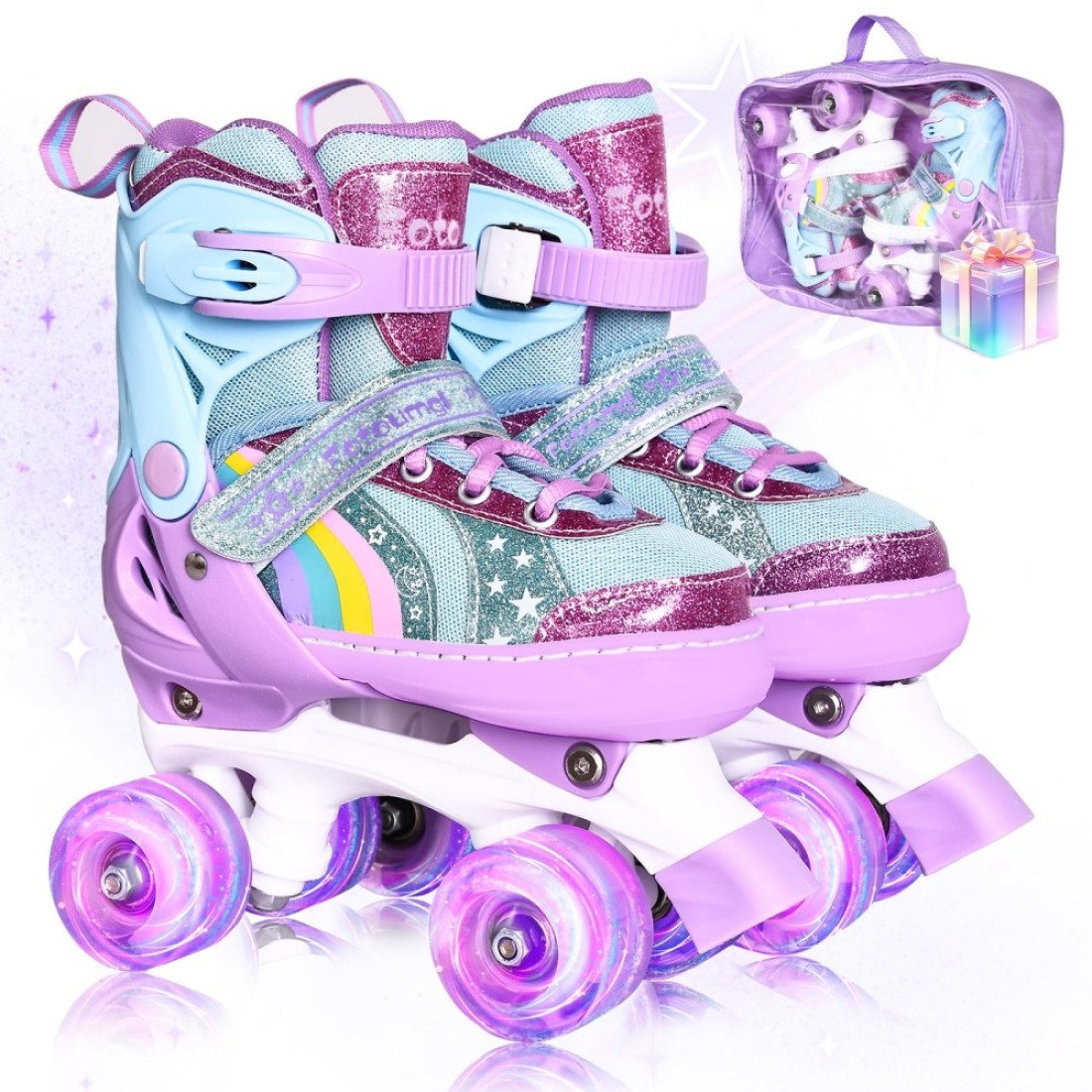 Fotoumgl Roller Skates for Kids Girls Boys, 4 Size Adjustable Rainbow Toddler Rollerskates with 8 Full Light up Wheels, Safe and Fun for Children Beginners, Outdoor Indoor Sports
